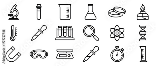 Collection of black outline science and laboratory icons representing various tools and concepts for research and education