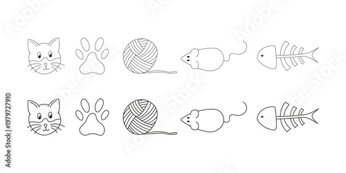 Set of cute cat-themed illustrations including a cat, paw print, ball of yarn, fish, and mouse. Playful collection of hand-drawn elements perfect for pet-related designs, kids projects, packaging.