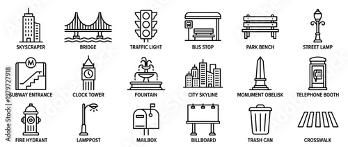 Comprehensive collection of urban infrastructure and city elements presented as simple black line icons