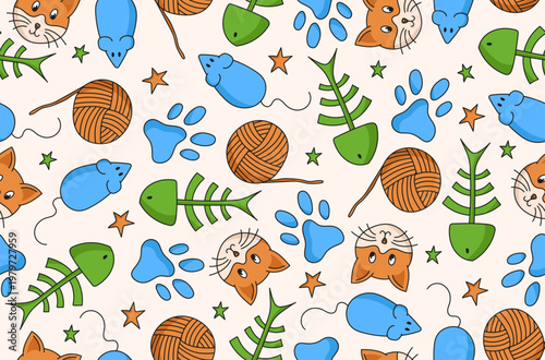 Seamless pattern featuring cats and playful cat-themed elements. Perfect for pet products, textiles, wrapping paper, kids designs, and animal-themed branding.