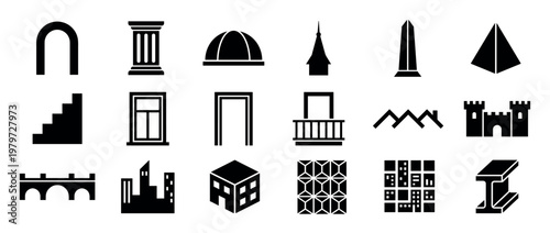 Collection of various black architectural and construction icons arranged neatly on a clean white surface