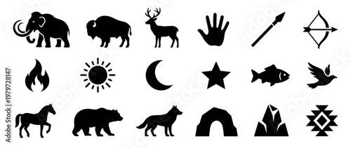 Collection of various black silhouette cave painting style icons representing prehistoric life and nature elements