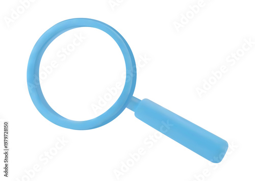 Minimalist blue 3D magnifying glass icon isolated on a white background. Realistic glossy loupe render for search engine optimization, data discovery, market analysis, and digital interface design