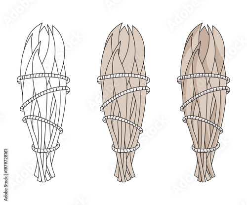 Set of hand-drawn white sage illustrations, including leaves and bundles tied with string. Botanical collection with a natural, earthy aesthetic, perfect for wellness branding, herbal products.