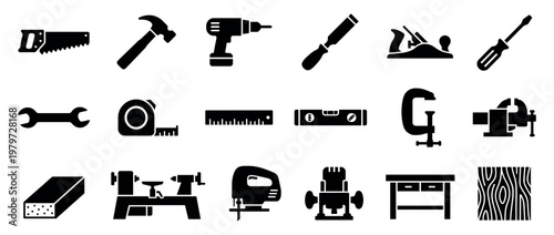 Comprehensive collection of various woodworking tools and carpentry equipment presented as bold black silhouettes on a clean white field