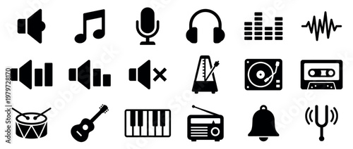Comprehensive collection of black music and audio icons, including speakers, notes, microphones, headphones, and instruments, presented in a clean, minimalist style