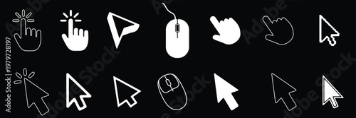 Set of cursor icons click and hand cursor icons click isolated on background. A clean minimalist black and white vector icon set featuring multiple computer mouse cursor symbols and hand click pointer