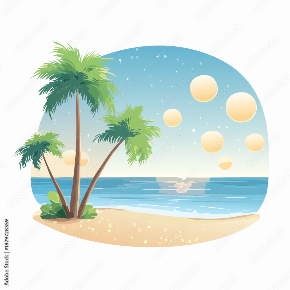 Obraz premium Tropical beach sunset with palm trees and ocean waves reflecting the sky