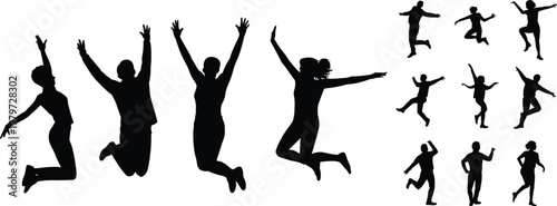 Jumping dancing silhouettes, active people poses, human movement illustration, energetic figures collection, fitness exercise icons, black isolated design, vitality expression art