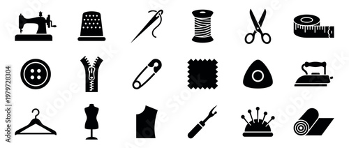 Comprehensive collection of black silhouette sewing and tailoring icons, neatly arranged in a grid pattern