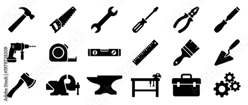 Comprehensive collection of various black silhouette construction and repair tools, neatly arranged in a grid pattern