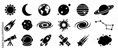 Various black space and astronomy icons are neatly arranged in rows, featuring planets, stars, rockets, and celestial bodies