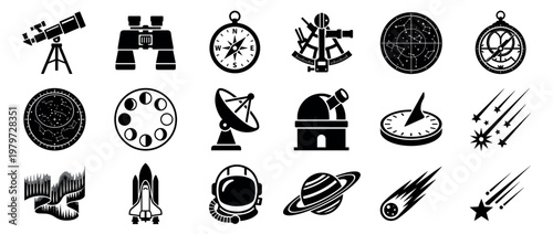Various black astronomy and navigation icons including a telescope, compass, planet, and shooting stars, presented in a clean, graphic style