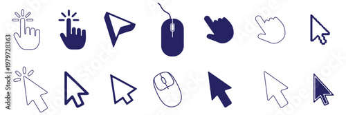 Set of cursor icons click and hand cursor icons click isolated on background. A clean minimalist black and white vector icon set featuring multiple computer mouse cursor symbols and hand click pointer