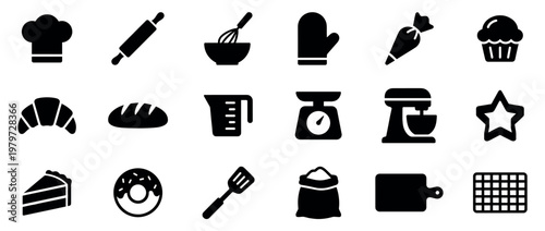 Comprehensive collection of black baking and cooking icons, including chef hat, rolling pin, whisk, oven mitt, and various baked goods