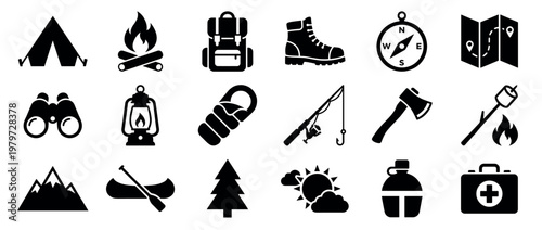 Comprehensive collection of black silhouette camping and hiking icons, including a tent, campfire, backpack, boot, compass, map, binoculars, lantern, sleeping bag, fishing rod, axe,