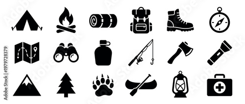 Collection of black silhouette camping and outdoor adventure icons, including a tent, campfire, backpack, and map, presented in a clean, graphic style