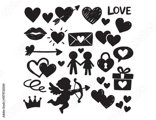 A collection of symbols representing love and relationships in black ink Vector