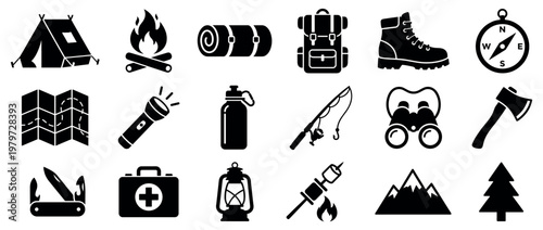Various black silhouette camping and hiking icons are neatly arranged in a grid pattern, depicting essential outdoor adventure gear