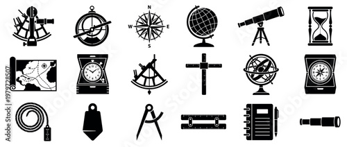 Collection of black navigation and measurement tools icons, including a sextant, compass, globe, and telescope