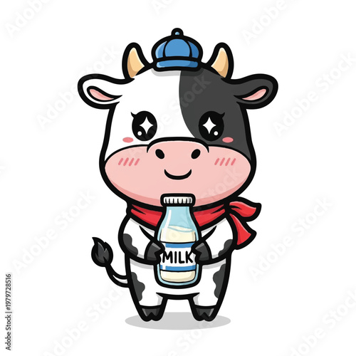 Cartoon cow wearing hat holding milk.