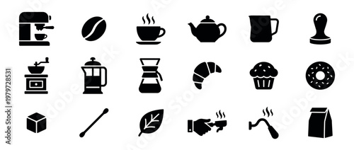 Comprehensive collection of black coffee and breakfast related glyph icons, presented in a clean, modern, and easily recognizable style