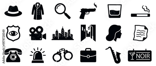 Collection of classic film noir style icons including a fedora, trench coat, magnifying glass, and smoking gun