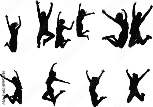 Jumping people silhouettes, energetic poses collection, human movement illustration, freedom expression art, active lifestyle icons, black isolated design, vitality motion figures