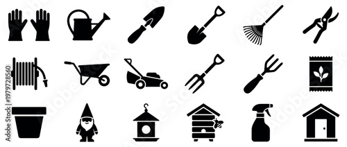 Comprehensive collection of black silhouette gardening tools and accessories, including gloves, a watering can, and a lawnmower, presented as flat icons
