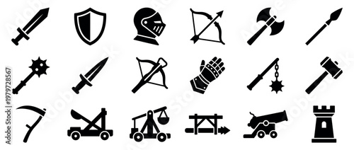 Collection of medieval weapons and war equipment icons, including swords, shields, helmets, bows, axes, and siege engines, presented in a clean, graphic style