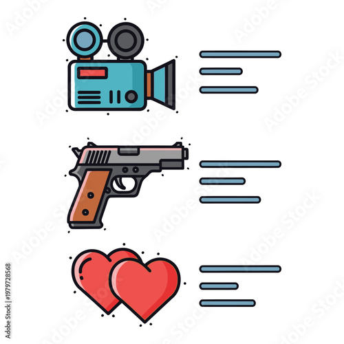 Colorful icons of video camera pistol and hearts on white background icon