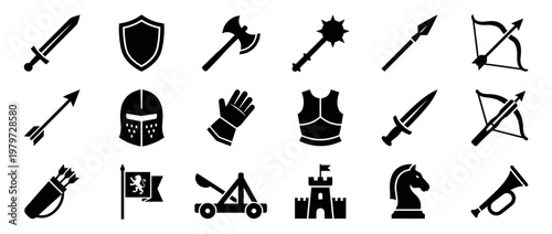 Collection of black medieval weapon and armor icons, including swords, shields, helmets, and bows, presented in a clean, graphic style