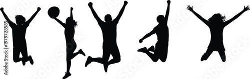 Jumping people silhouettes, energetic poses collection, joyful celebration figures, active lifestyle icons, freedom movement illustration, black isolated design art
