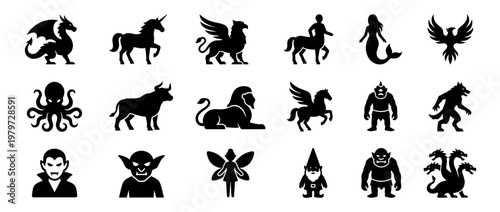 Collection of various black mythical creatures and fantasy characters in silhouette style, presented in a clean, graphic design