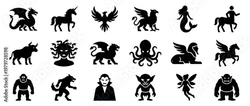 Various black silhouette mythical creatures and fantasy monsters are neatly arranged in a grid pattern, showcasing diverse legendary beings