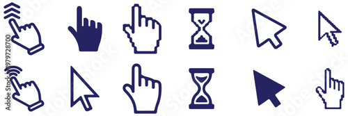 Set of cursor icons click and hand cursor icons click isolated on background. A clean minimalist black and white vector icon set featuring multiple computer mouse cursor symbols and hand click pointer