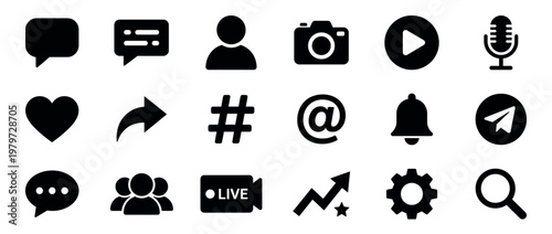 Collection of black social media and communication icons, including chat bubbles, a heart, a camera, and a play button, arranged neatly