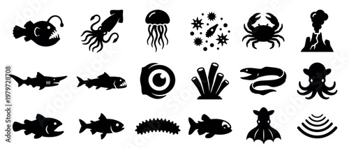 Collection of various deep sea creatures and marine life elements depicted as simple black silhouette icons