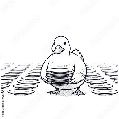 Cartoon Duck Holding Many Plates 1.