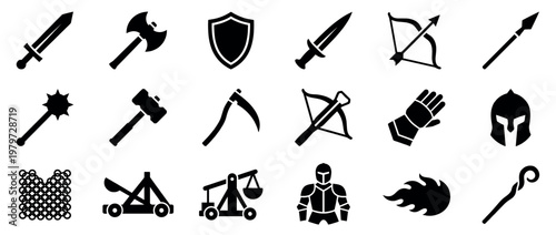 Collection of medieval fantasy weapon and armor icons in black silhouette, depicting various combat and defense tools