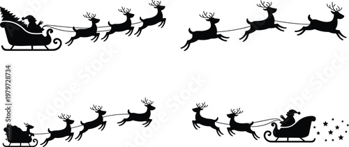 Santa Claus sleigh silhouettes, reindeer pulling Christmas sleigh, festive holiday illustration, gift delivery icons, black isolated design, winter celebration art