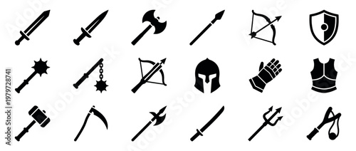 Collection of black medieval weapon and armor icons arranged in a grid pattern, featuring various combat tools