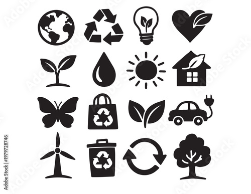 Assorted black icons representing technology and nature Vector