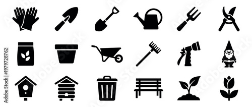Comprehensive collection of black silhouette gardening tools and accessories, including gloves, shovels, watering can, and a garden gnome, presented as clean vector icons