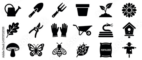 Comprehensive collection of black silhouette gardening tools, plants, and nature elements in a clean, modern icon style