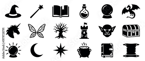 Collection of black silhouette fantasy and magic icons including a witch hat, dragon, unicorn, and spell book