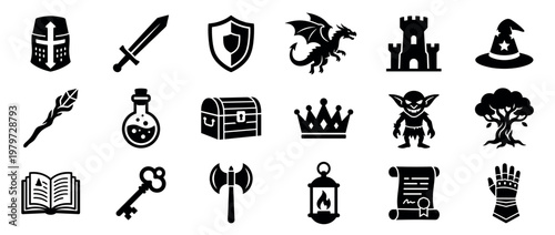 Various black silhouette fantasy game icons including a knight helmet, sword, shield, dragon, castle, and wizard hat, presented in a clean, graphic style