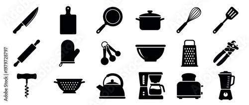 Various black kitchen utensils and cooking appliances are neatly arranged in a grid pattern on a clean white surface