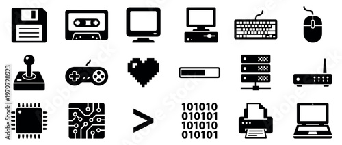 Comprehensive collection of black silhouette computer and technology icons, including hardware, storage, and digital concepts, presented in a clean, modern style
