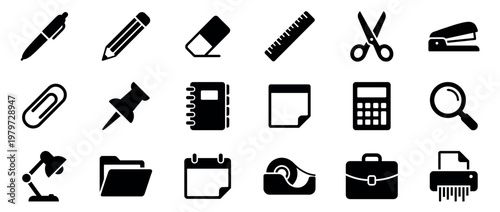 Comprehensive collection of black silhouette office and school supplies icons arranged neatly in rows, presented with a clean, modern aesthetic